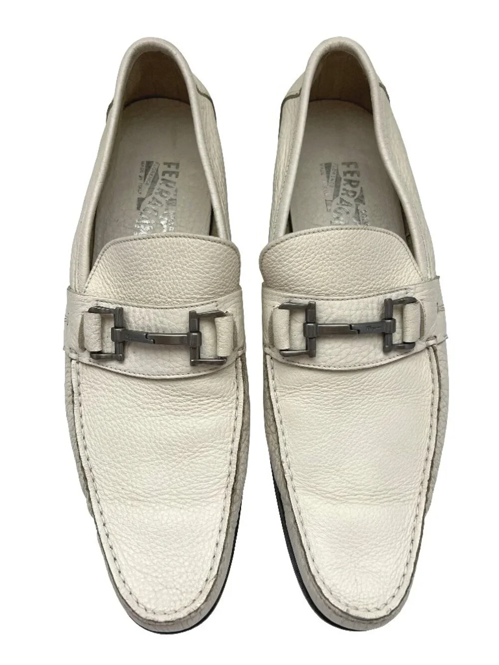 $1050 Salvatore Ferragamo White PHOENIX Shoes Gancini Silver Bit Loafers 9.5 D
